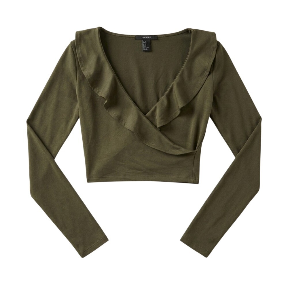 Forever 21 Olive Green Long Sleeve Ruffle Wrap Crop Top - Small